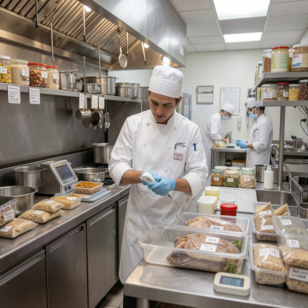 Trabajador manipulando alimentos de forma segura en cocina profesional con control de higiene. (Seguridad Alimentaria: Manipulación de Alimentos)