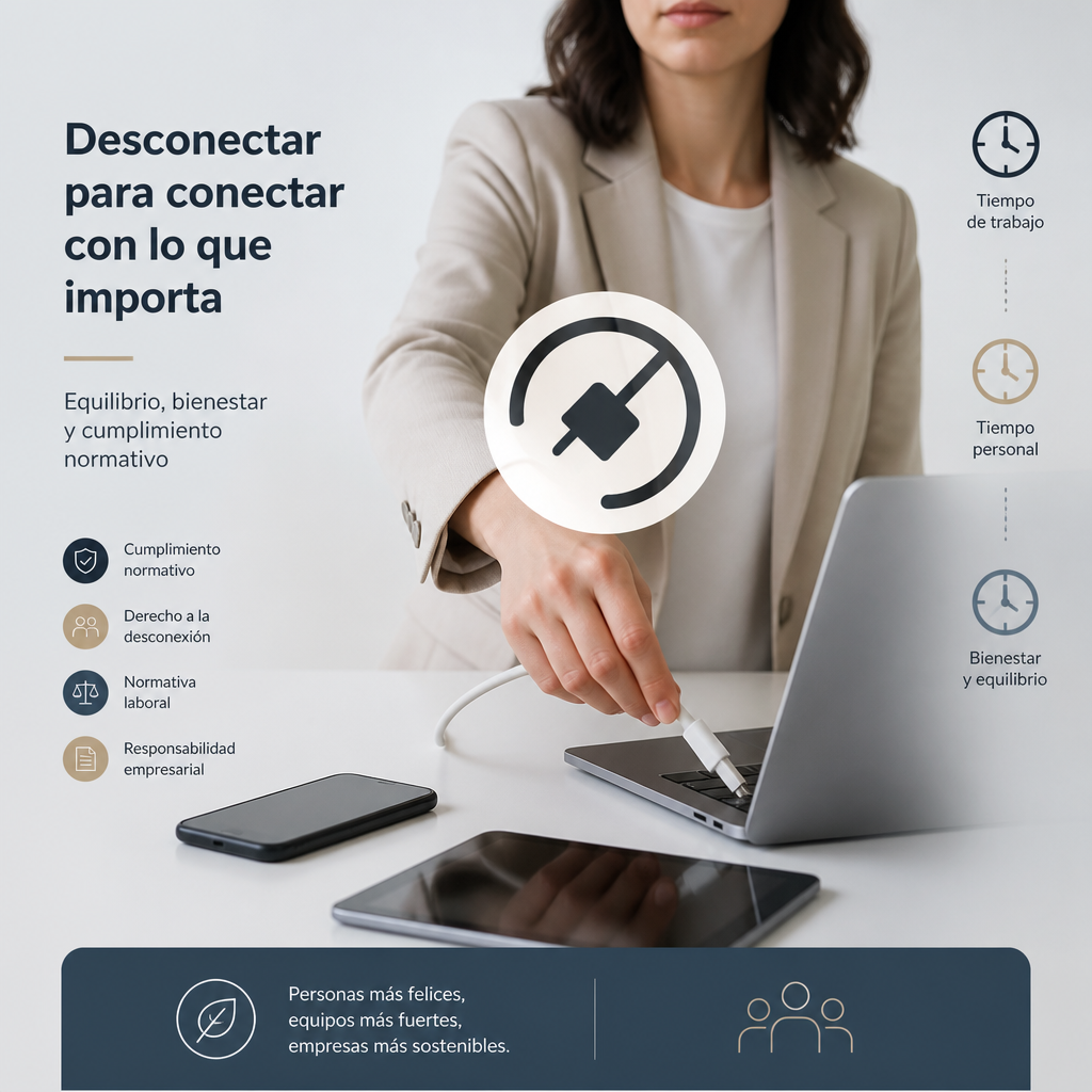 Profesional aplicando medidas de desconexión digital y gestión del tiempo laboral en entorno empresarial
