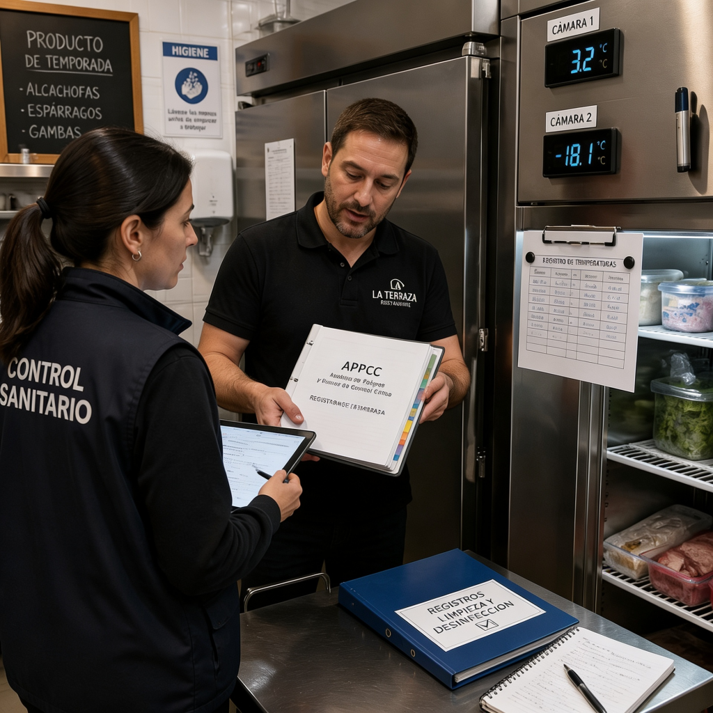Inspección sanitaria en restaurante revisando documentación y cumplimiento normativo.