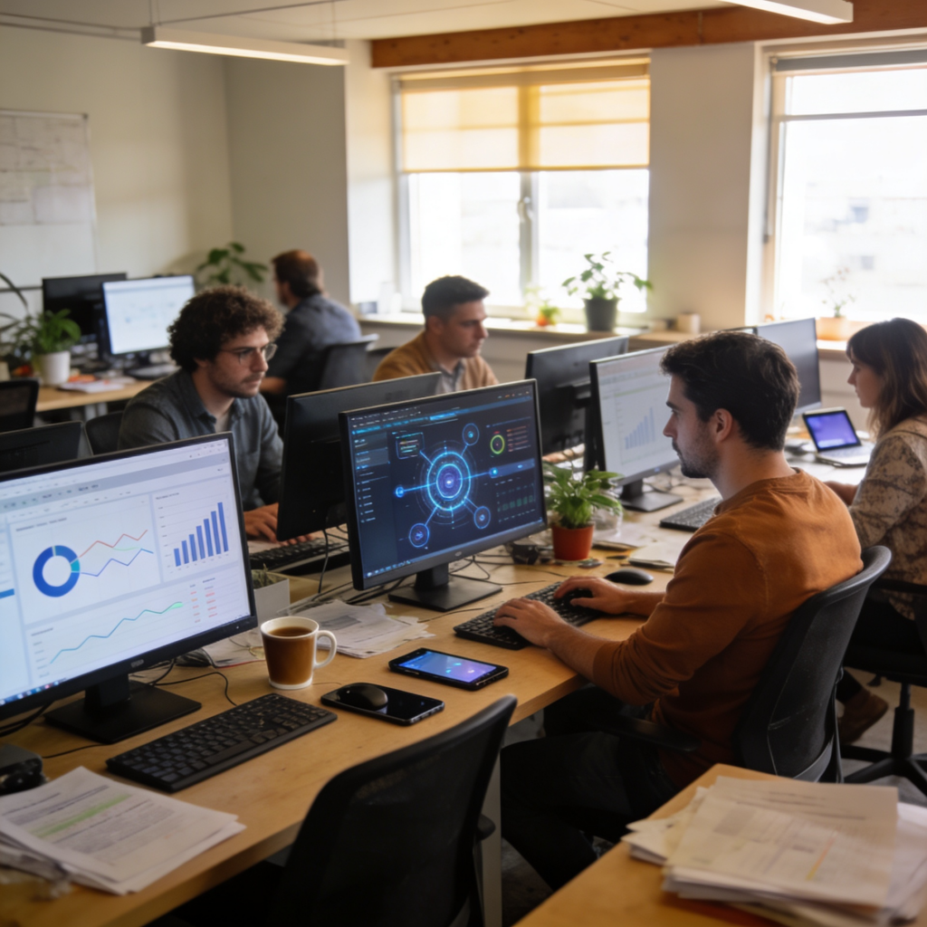 IA en Pymes: Fundamentos e Impacto Empresarial II en una oficina real con empleados usando inteligencia artificial para análisis de datos y gestión empresarial