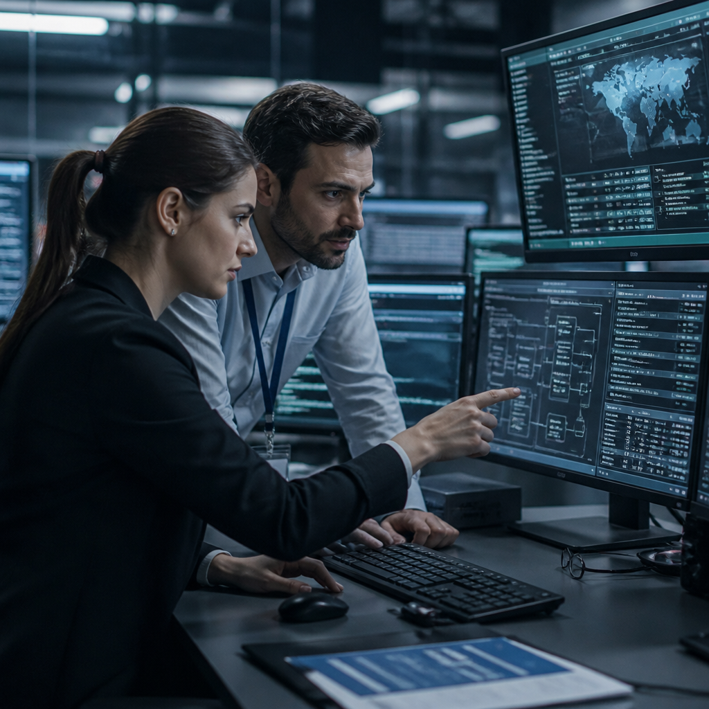 Profesionales analizando evidencias digitales en un laboratorio de informática forense y ciberseguridad.