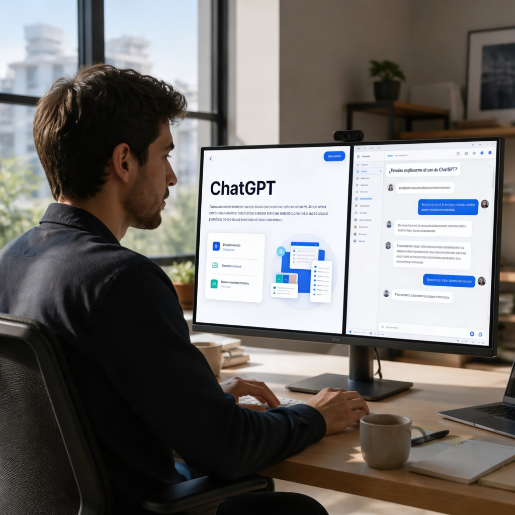 Profesional utilizando Inteligencia Artificial y ChatGPT en un entorno digital moderno