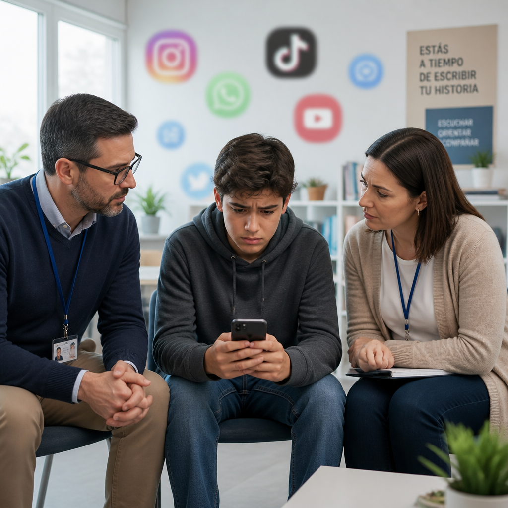 Docente y orientadora apoyando a una adolescente víctima de ciberbullying en un entorno escolar (Ciberbullying Intervención Socioeducativa)