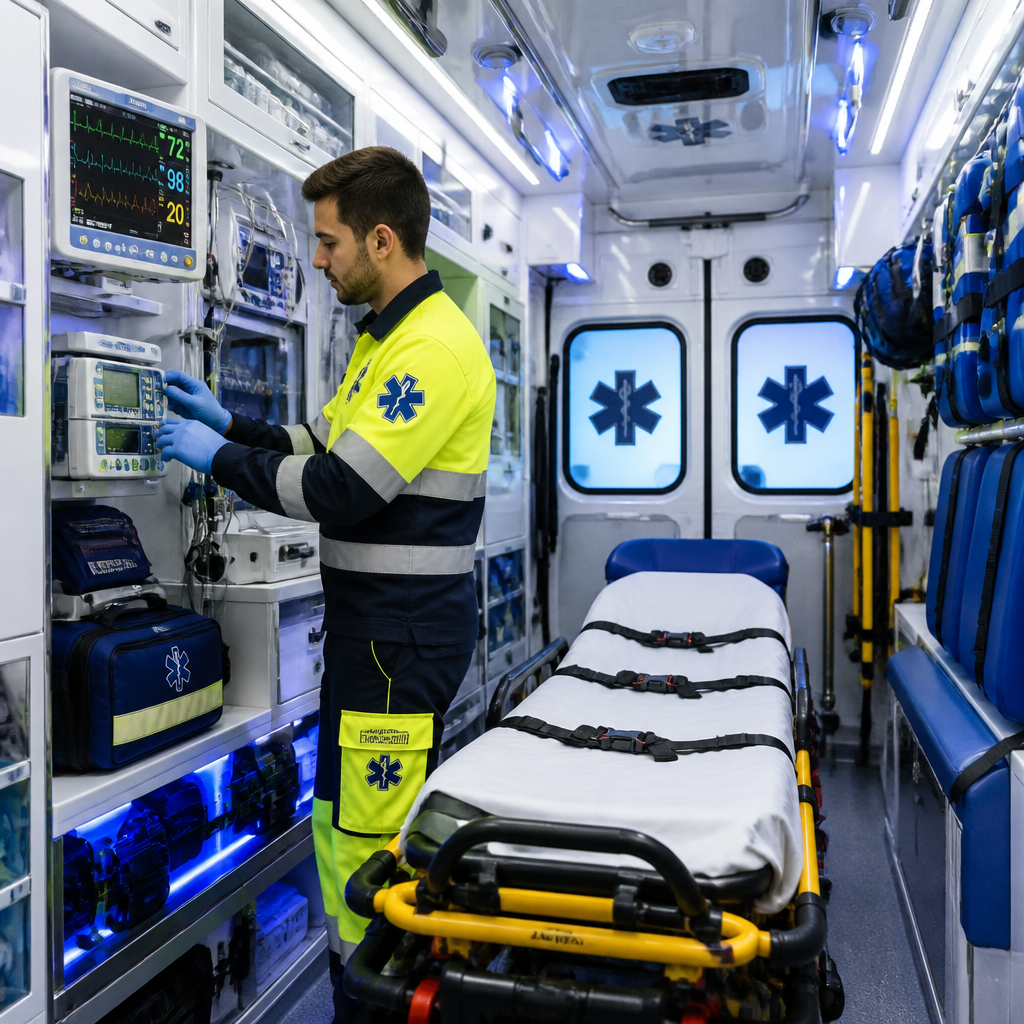 Técnico sanitario revisando dotación material en ambulancia