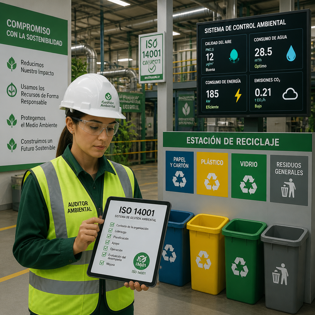Auditor ambiental realizando inspección ISO 14001 en empresa