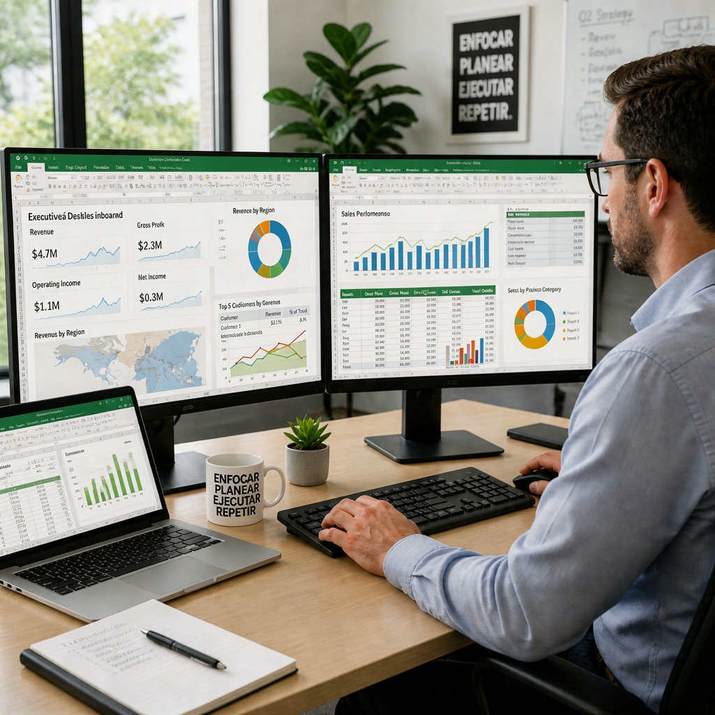 Profesional trabajando con Excel 2016 en una oficina moderna