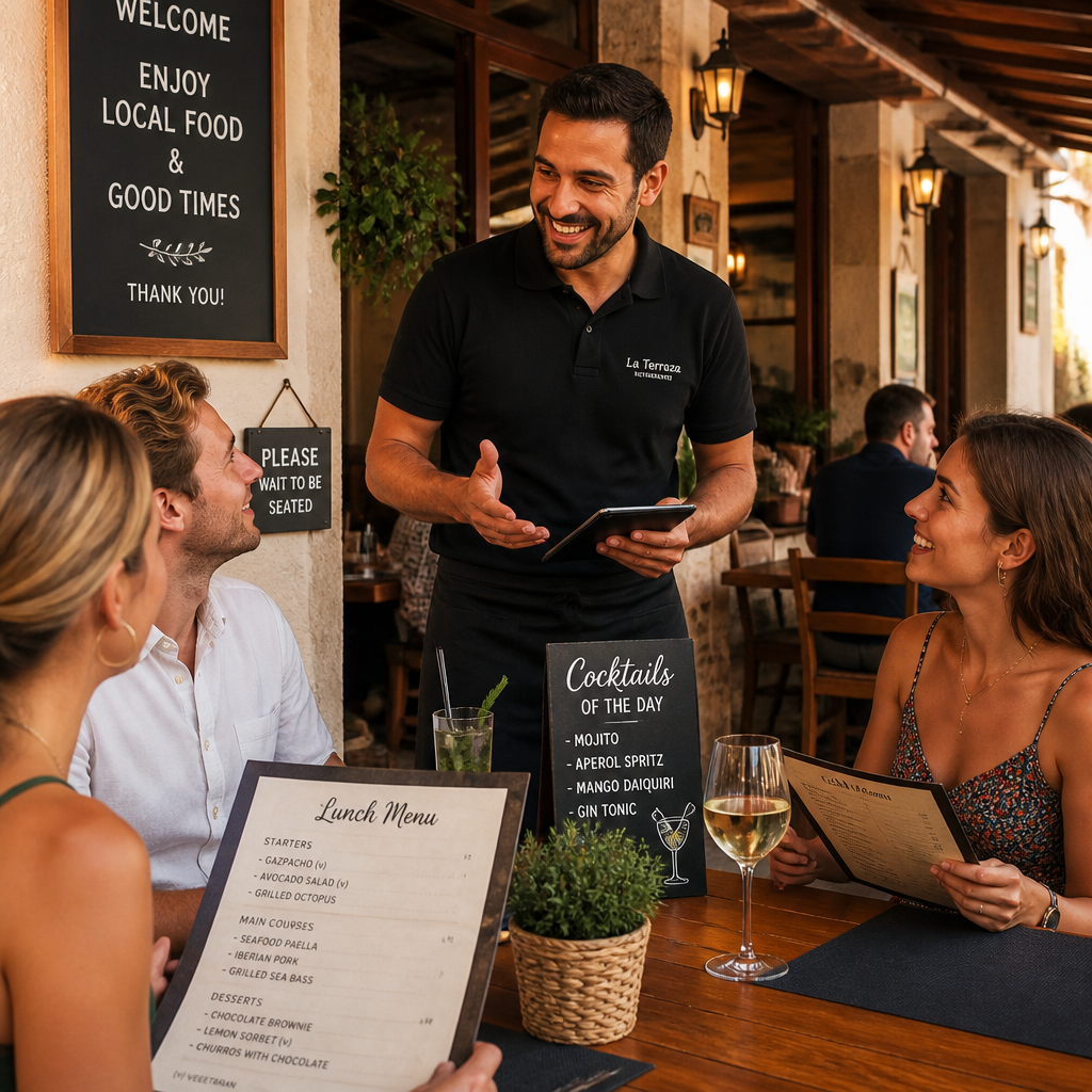 Camarero atendiendo clientes en inglés en un restaurante (Inglés para restauración: Atención al Cliente)