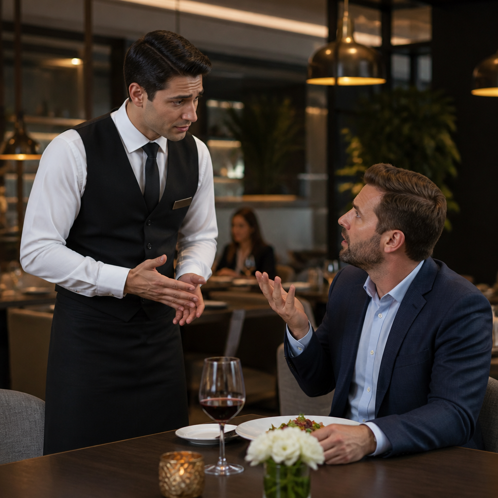 Camarero gestionando una queja de cliente en un restaurante en inglés (Inglés para hostelería: quejas y disculpas)