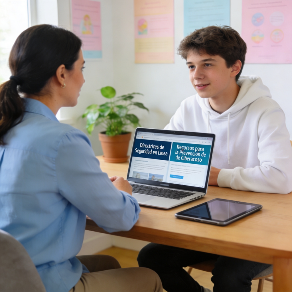 Orientador hablando con un adolescente sobre prevención del ciberbullying