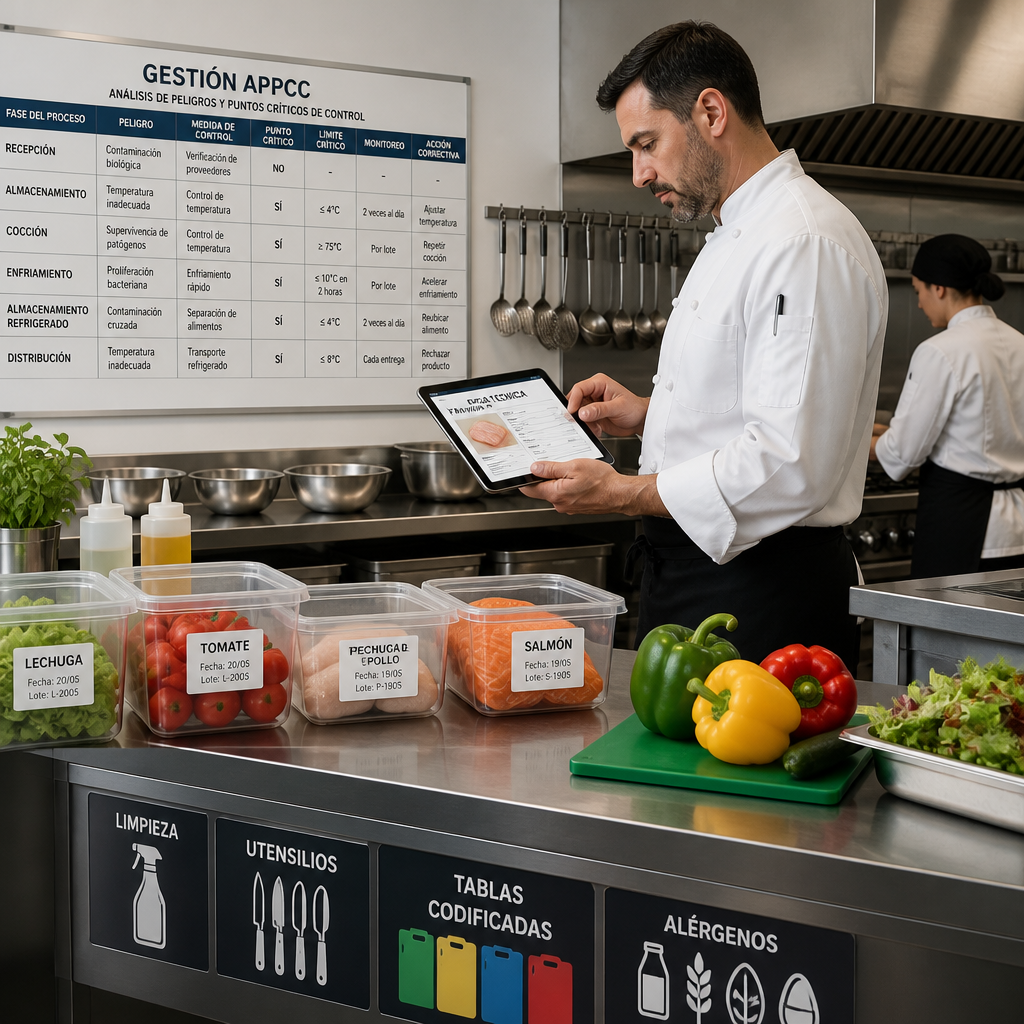Jefe de cocina supervisando APPCC y gestión de alérgenos en cocina profesional.