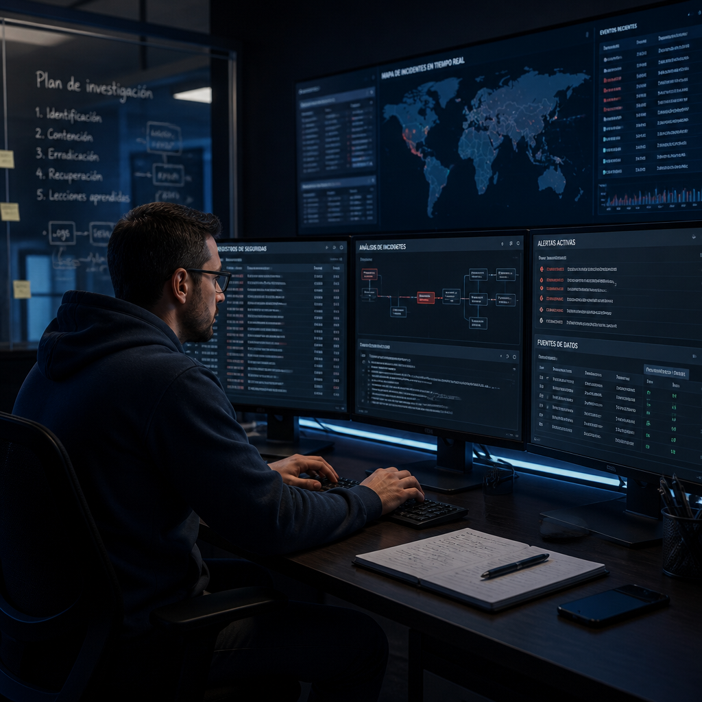 Analista forense digital investigando incidentes de ciberseguridad. (Computer Hacking Forensic Investigator)