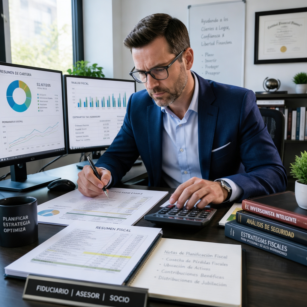 Asesor financiero analizando fiscalidad de productos financieros e inversiones