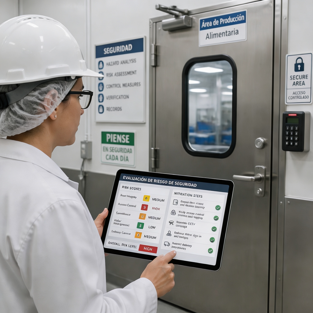 Profesional de Food Defense inspeccionando medidas de seguridad alimentaria