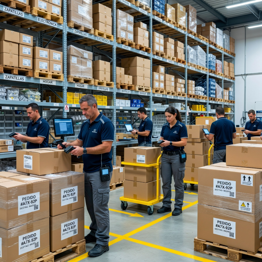 Gestión operativa de e-commerce en almacén con preparación de pedidos.
