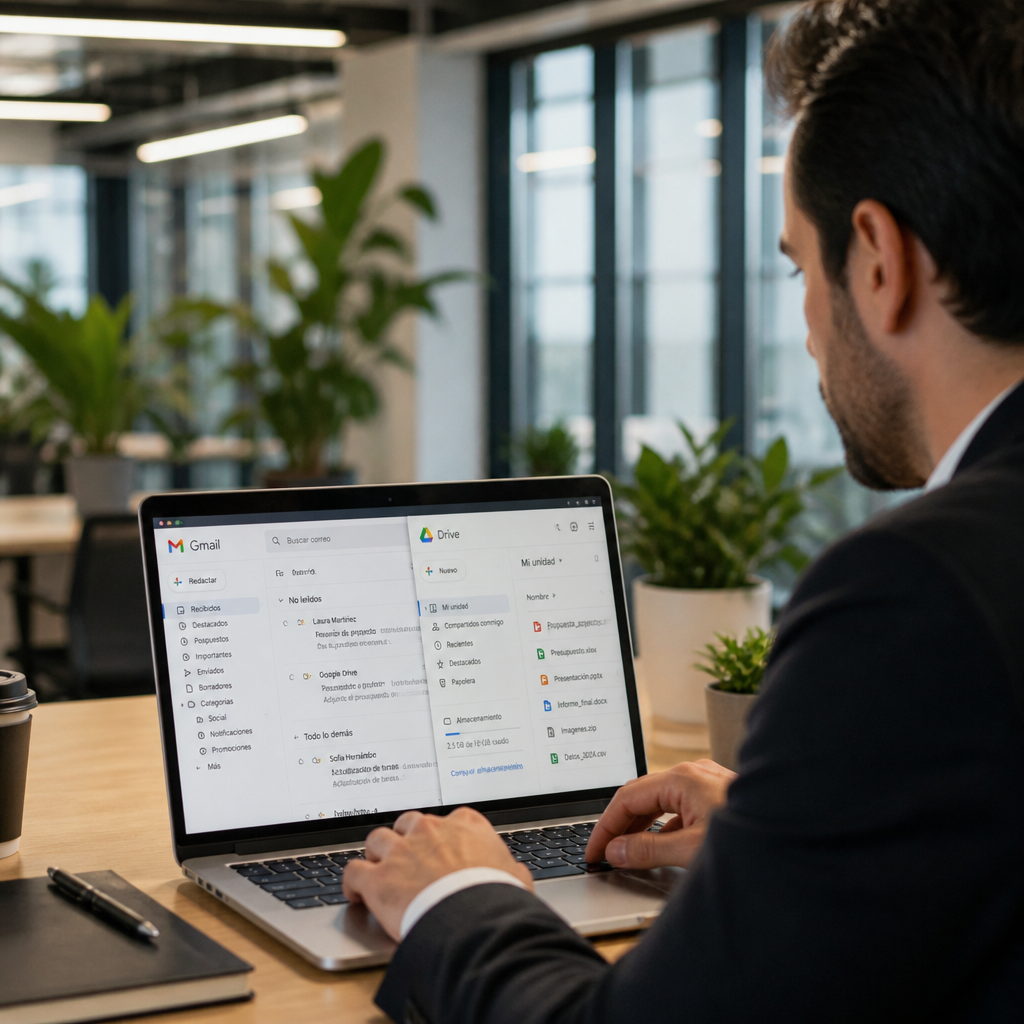Profesional utilizando herramientas Google como Drive, Gmail y Calendar en entorno empresarial