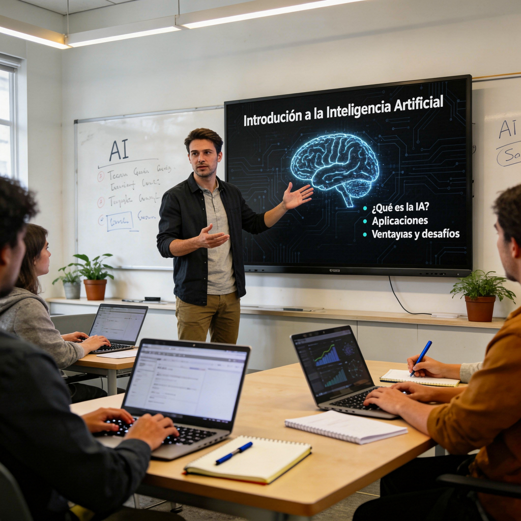 Clase de introducción a la inteligencia artificial con formador explicando conceptos básicos de IA.
