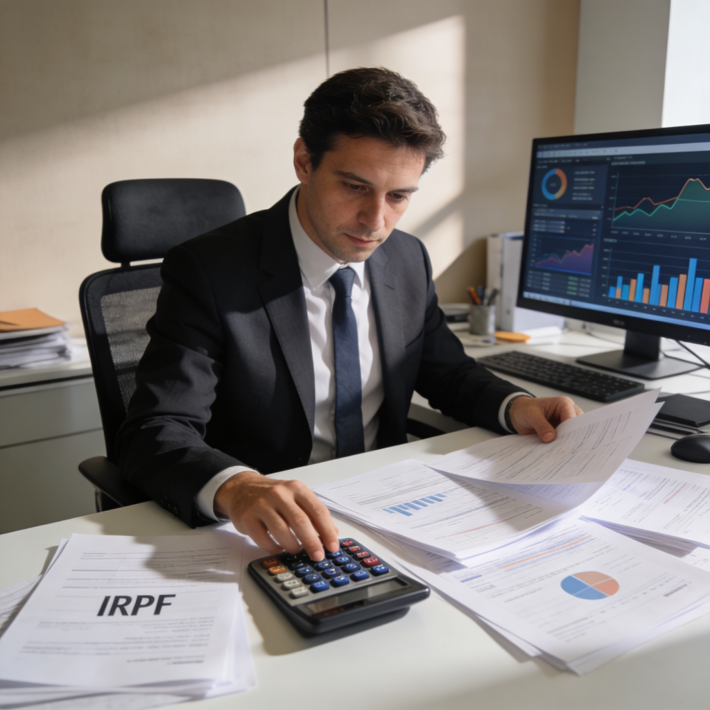 Profesional realizando gestión fiscal del IRPF con documentos y análisis financiero en oficina