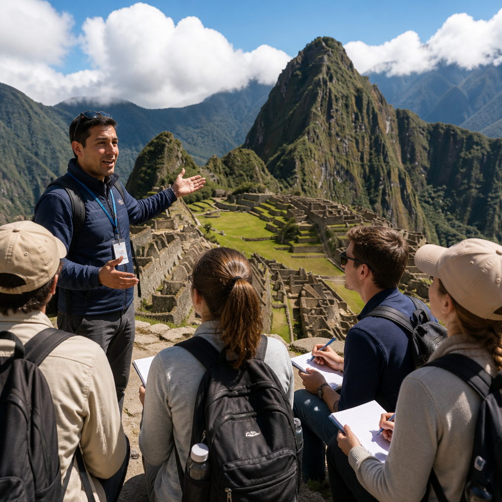 Guía turístico explicando información en inglés a turistas (Inglés Profesional para Turismo)