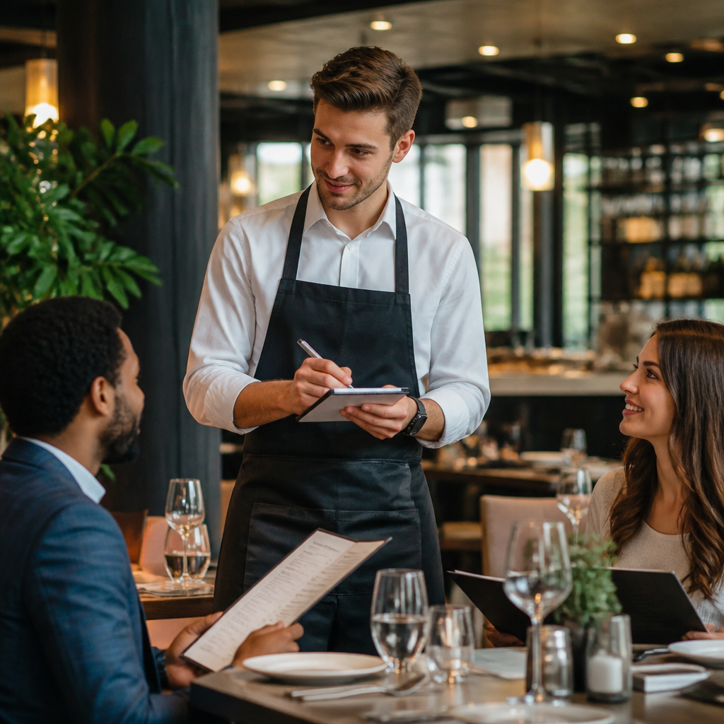 Camarero tomando comandas en inglés a clientes en un restaurante de forma profesional