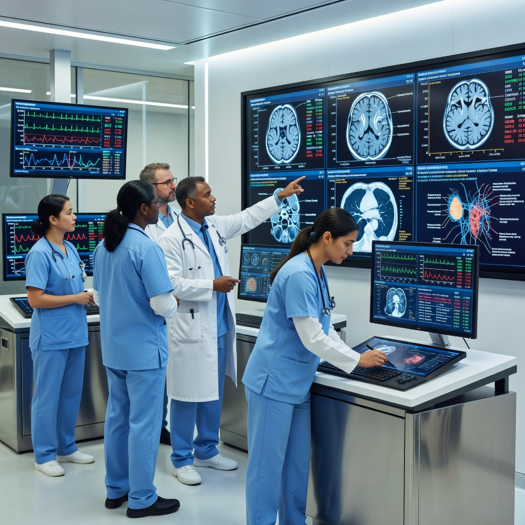 Profesionales sanitarios utilizando inteligencia artificial para diagnóstico y gestión hospitalaria (IA aplicada al sector sanitario)