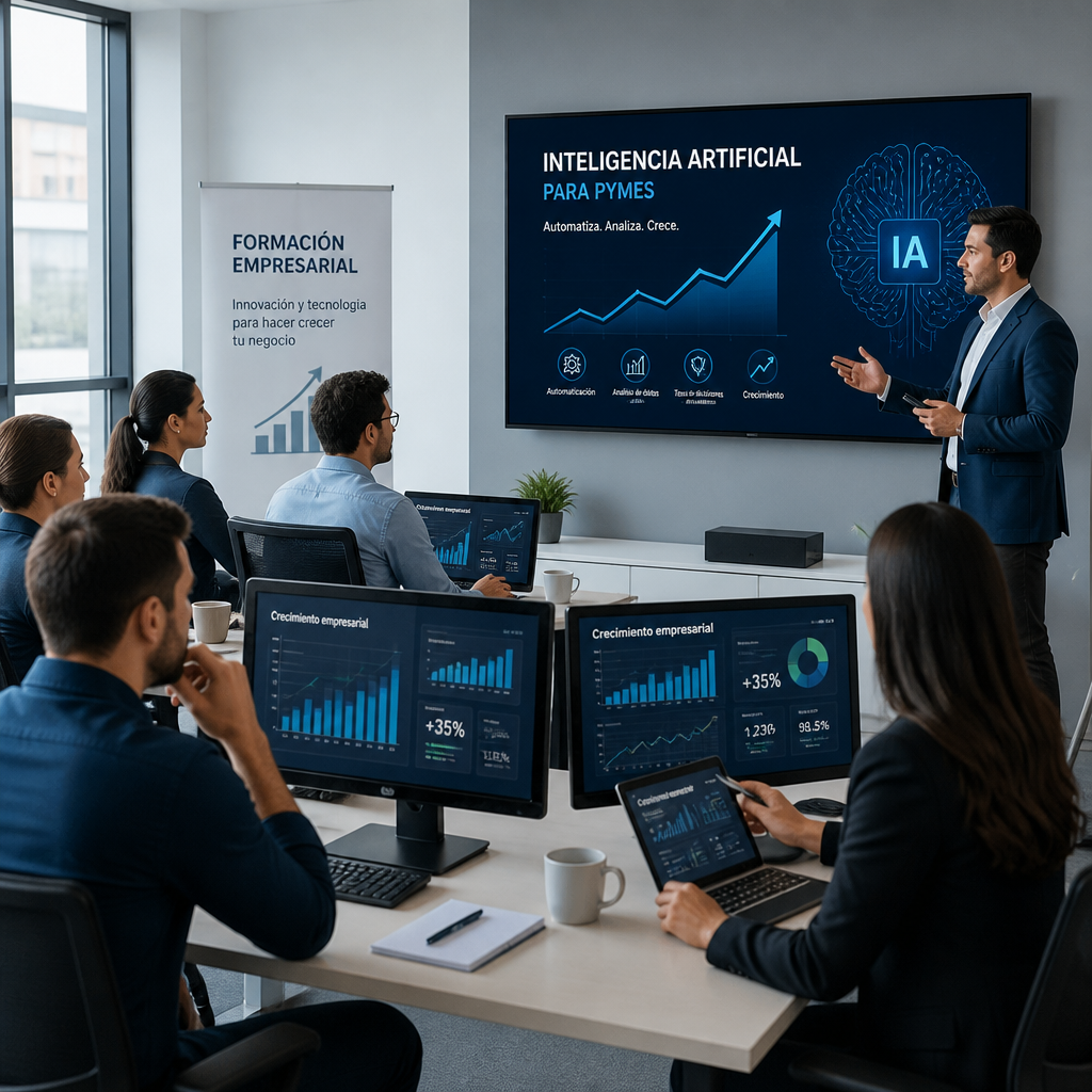 Equipo en PYME aplicando inteligencia artificial para mejorar procesos empresariales y productividad (IA para PYMEs: introduccion práctica)