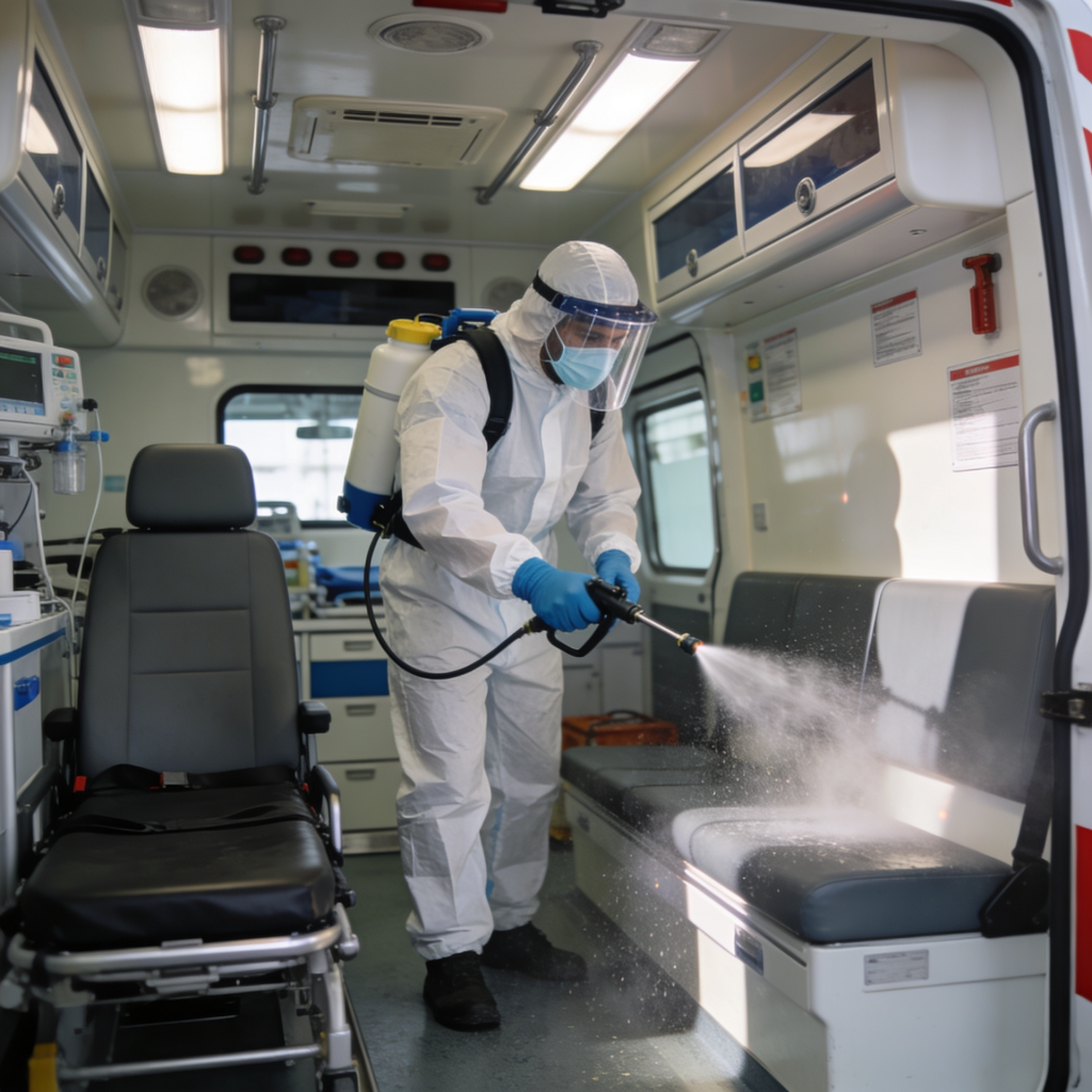 Técnico realizando limpieza y desinfección en el interior de un vehículo de transporte sanitario