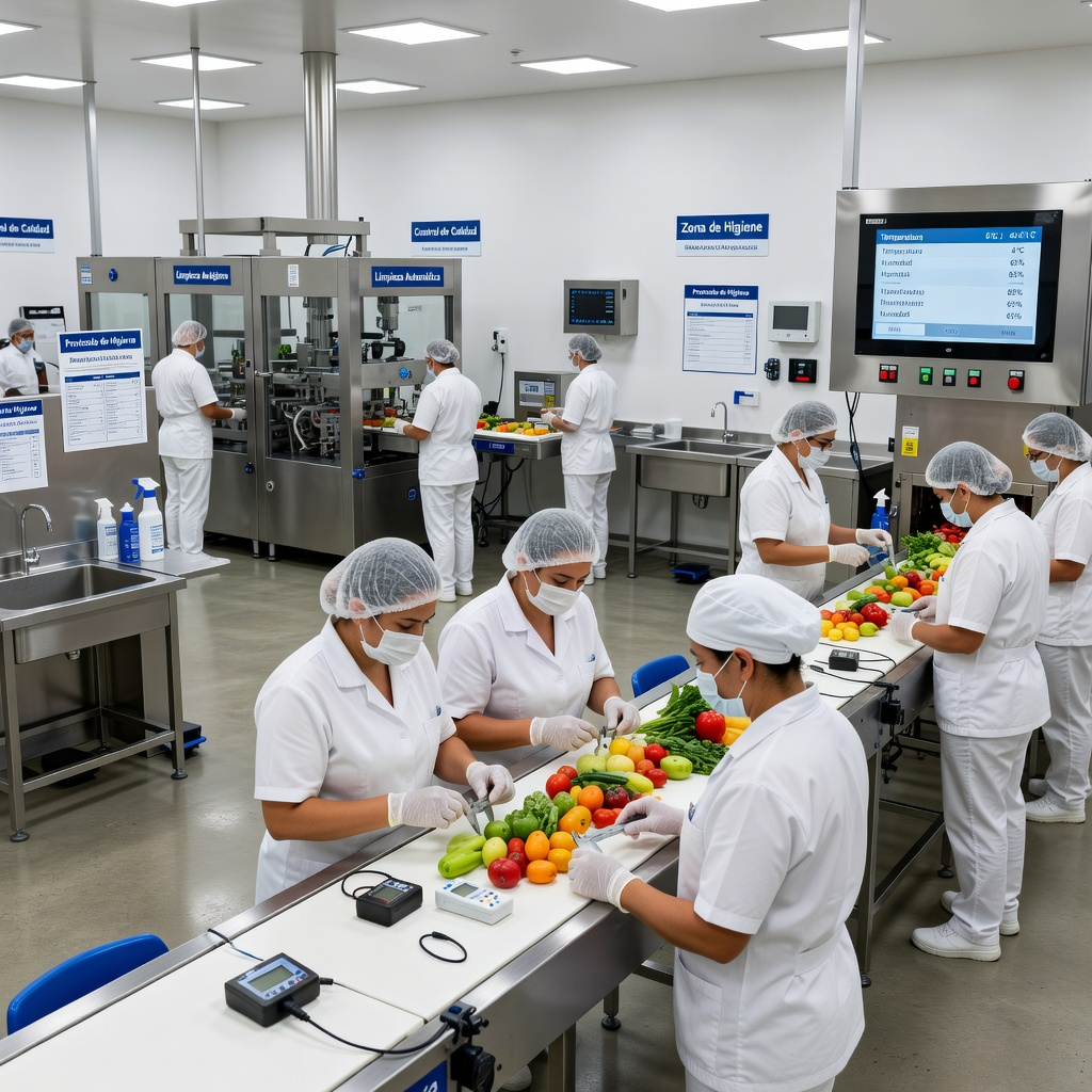 Profesionales aplicando sistema APPCC en industria alimentaria durante control de calidad e higiene