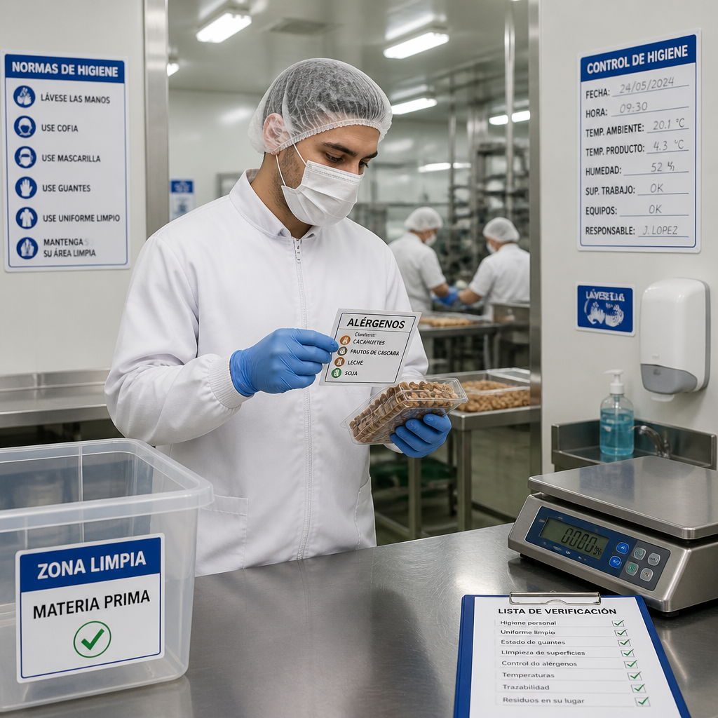 Trabajador aplicando control de alérgenos en manipulación de alimentos (Manipulador de Alimentos: Producción Comercio y Alérgenos)