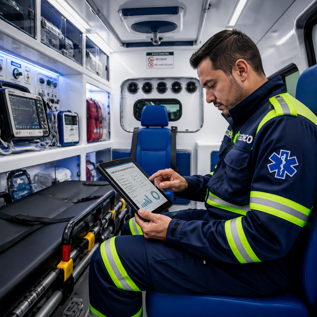 Técnico sanitario revisando protocolos de calidad en transporte sanitario dentro de una ambulancia