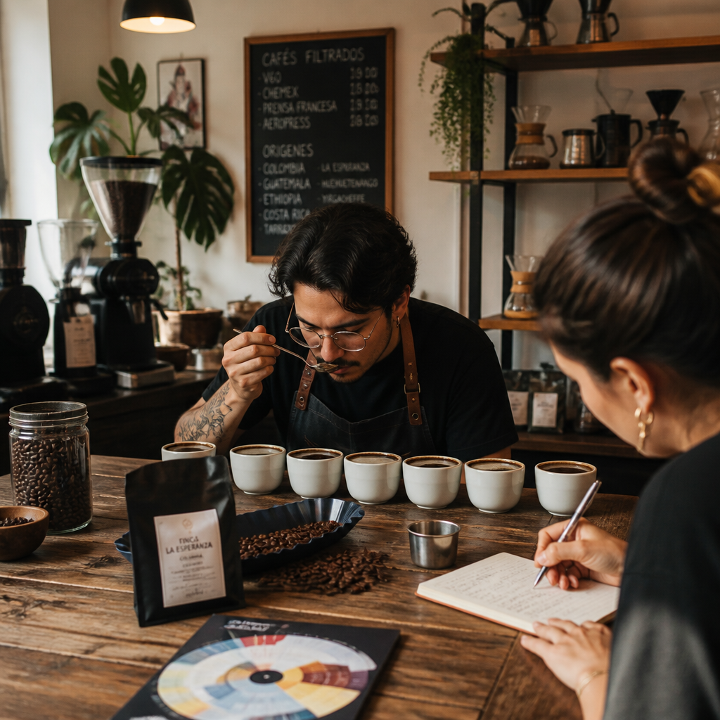 Barista realizando análisis sensorial de cafés en cata profesional