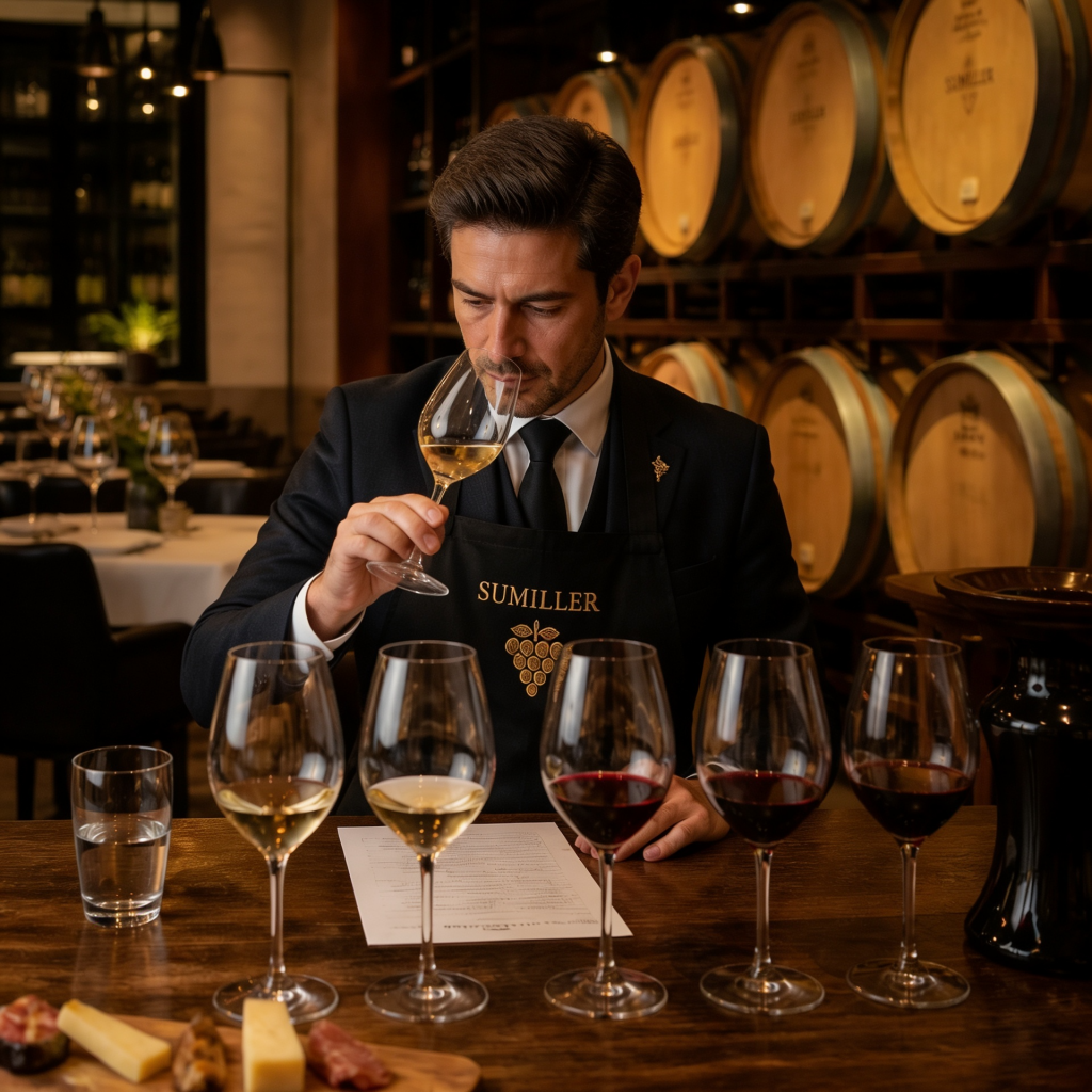 Sumiller realizando análisis sensorial de vinos en cata profesional