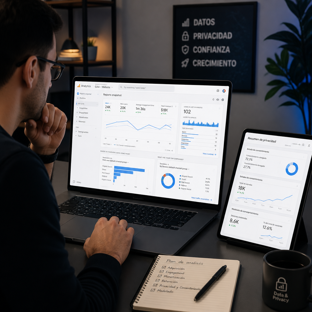 Profesional analizando Google Analytics 4 y datos de privacidad