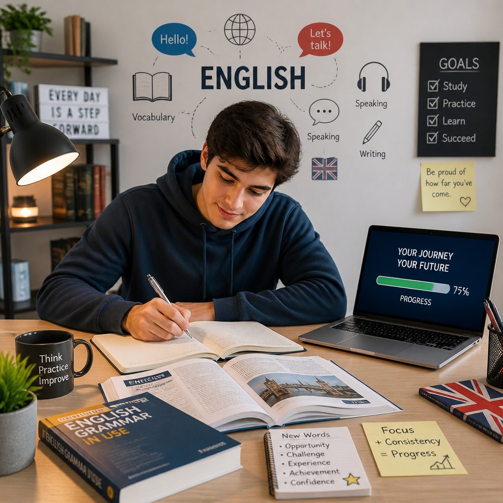 Estudiante mejorando su nivel de inglés B1 con gramática y comunicación práctica