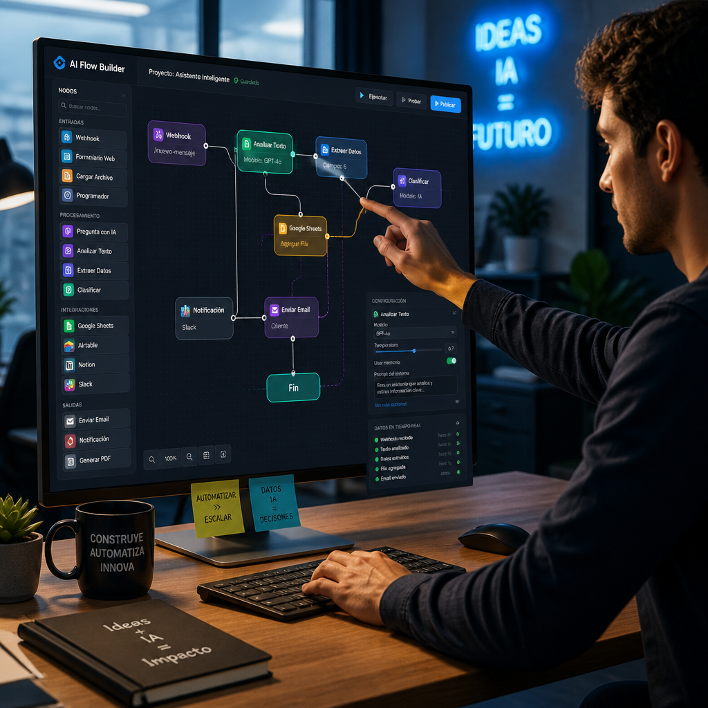 Profesional aprendiendo automatización con inteligencia artificial sin código en entorno de oficina digital con flujos de trabajo automatizados