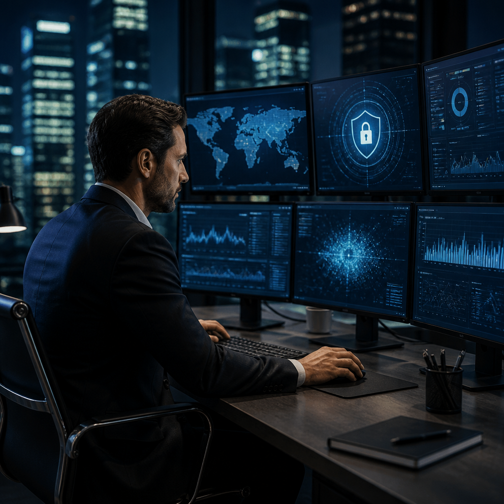 Profesional financiero trabajando en resiliencia operativa digital y ciberseguridad