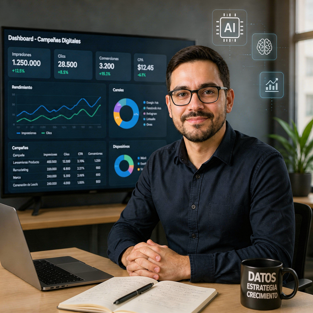 Profesional de marketing utilizando inteligencia artificial para analizar campañas digitales y automatizar estrategias (IA aplicada al marketing digital)