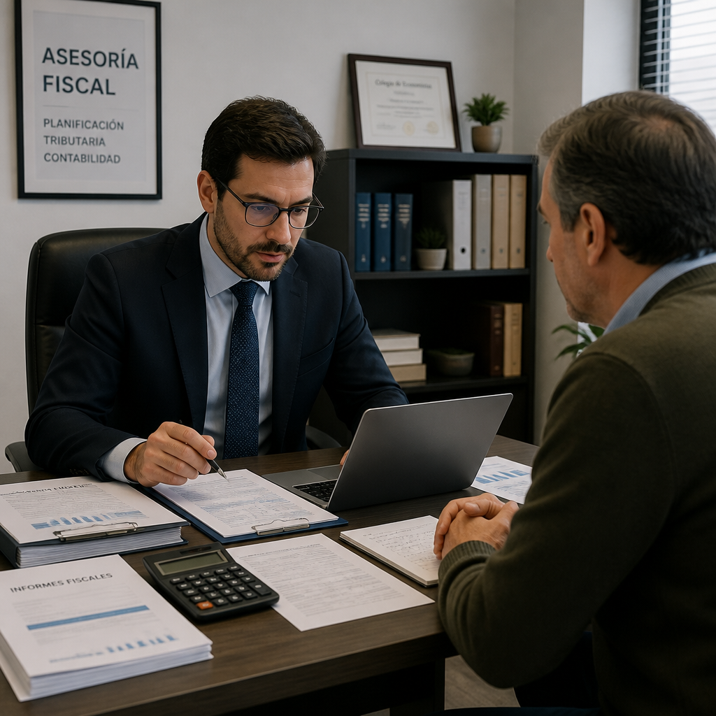 Asesor fiscal revisando documentación tributaria en oficina