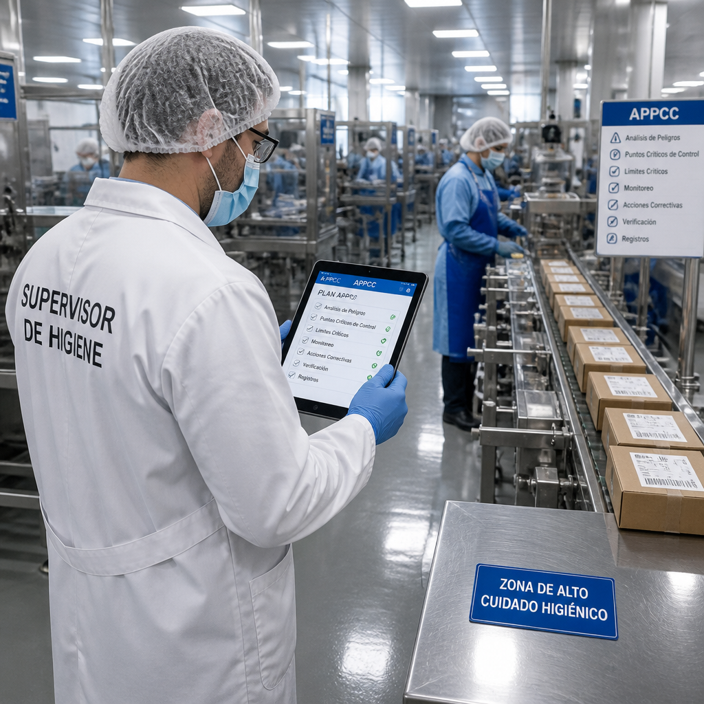 Técnico aplicando sistema APPCC de seguridad alimentaria en industria