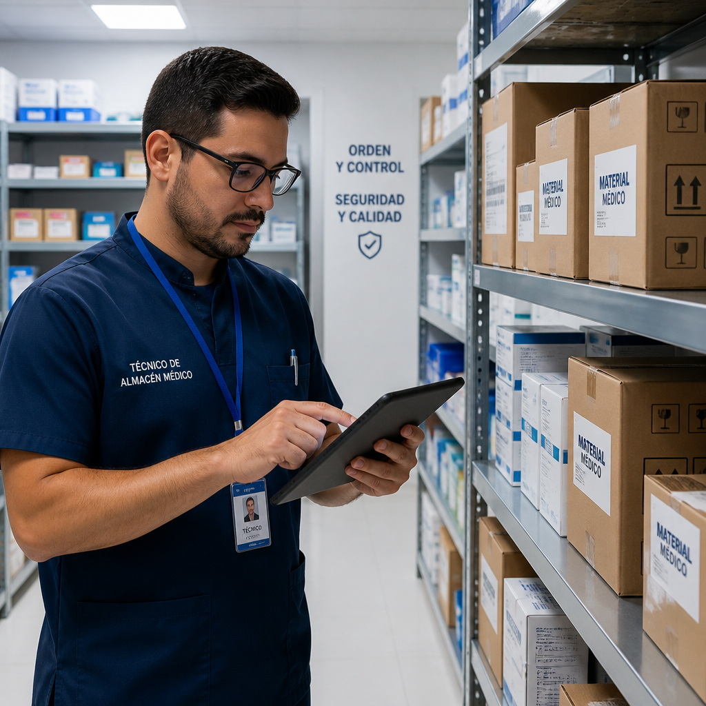 Profesional gestionando inventario en almacén sanitario