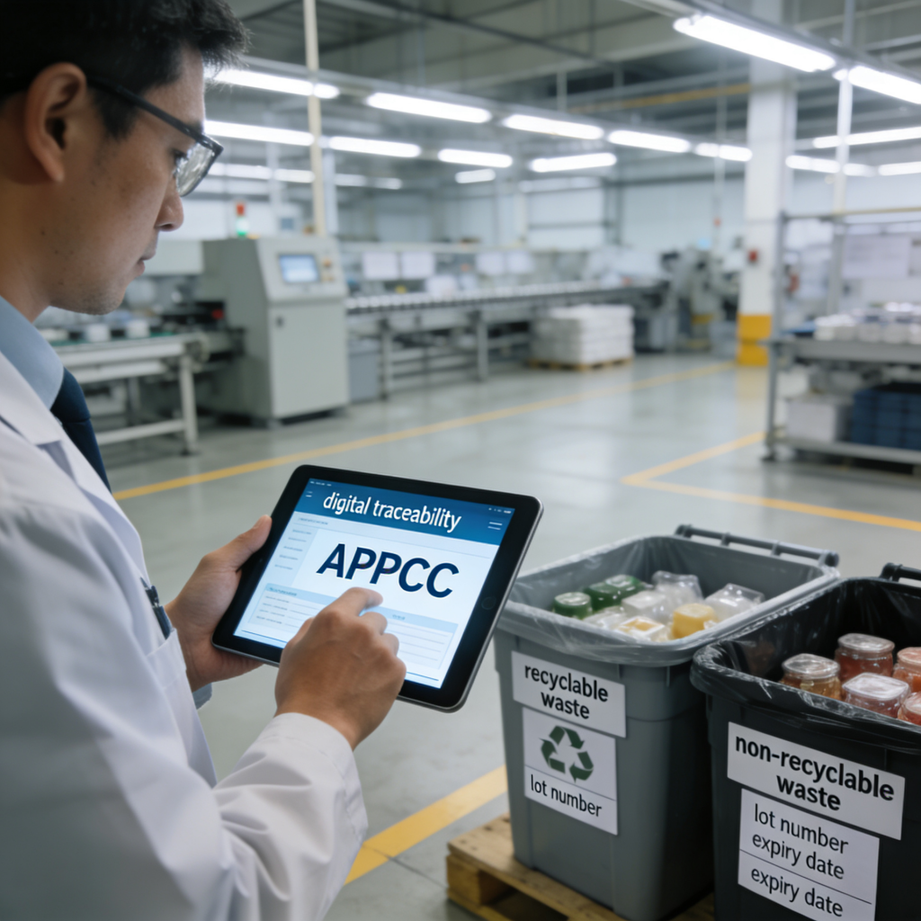 Técnico de calidad revisando APPCC y control de desperdicio alimentario en industria alimentaria. (Gestión de la Seguridad Alimentaria y Plan de Desperdicio)