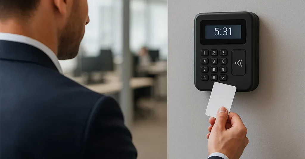 Profesional utilizando una aplicación digital para gestionar la desconexión digital y el control horario en la oficina.