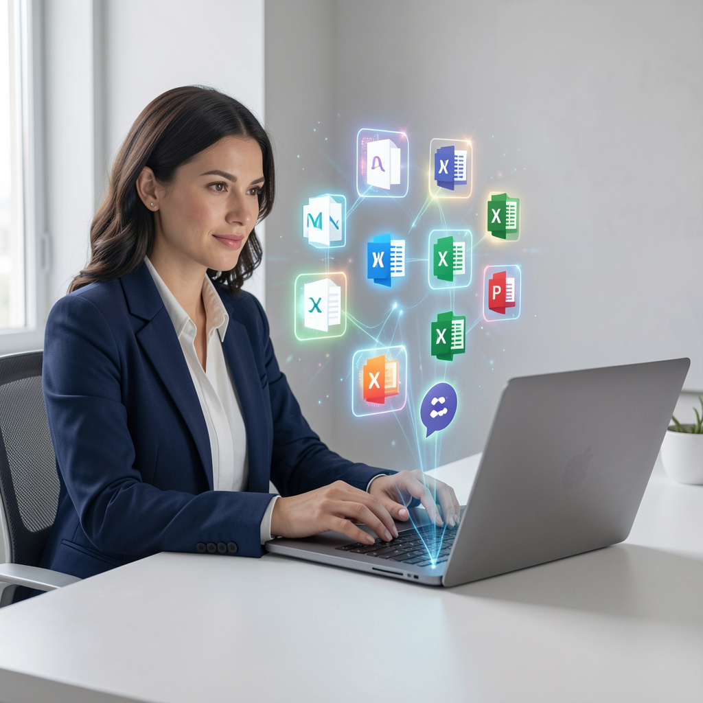 Mujer profesional usando Microsoft 365 Copilot en una oficina moderna
