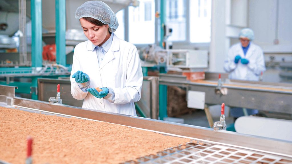 Técnica de calidad supervisando la gestión de alérgenos en la producción alimentaria en una planta de procesamiento.